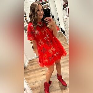 Queen of sparkles mesh overlay bow dress size medium worn once new condition